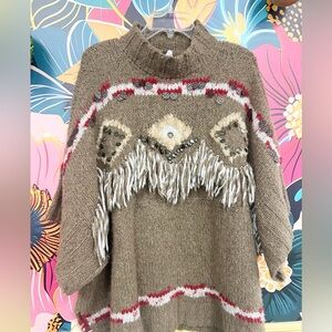 Free People Oversized Fringe Poncho Sweater, Boho Western Cozy Knit, Medium